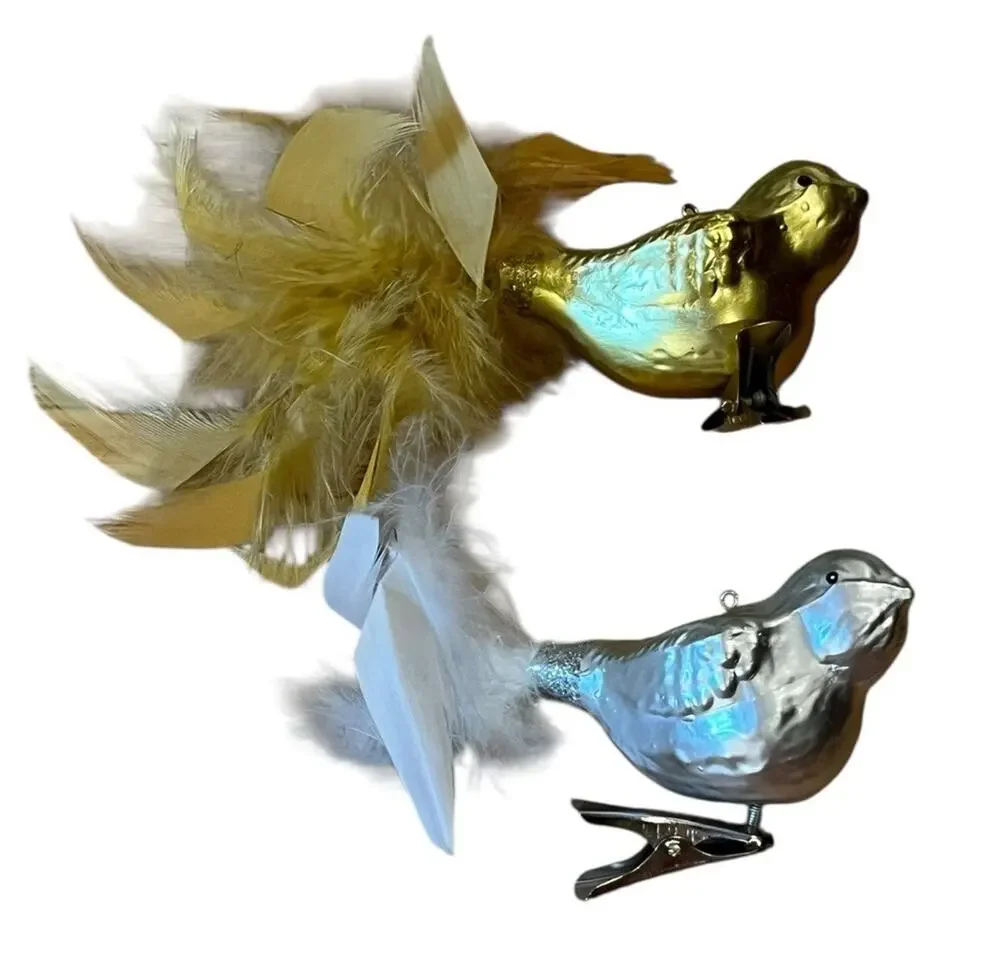 Lot Of 2 Glass Clip On Birds Christmas Ornaments Feather Tails Silver Gold